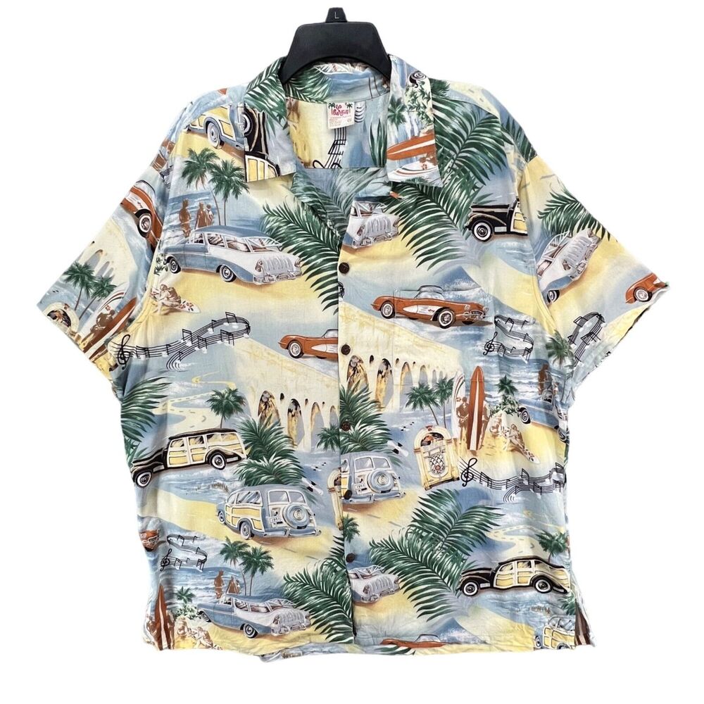 Vintage Go Barefoot Camp Shirt Mens 2XL Yellow‎ Hawaii Classic Cars Surf Resort